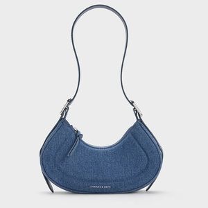 Charles & Keith Petra Denim Curved Shoulder Bag - Denim Blue